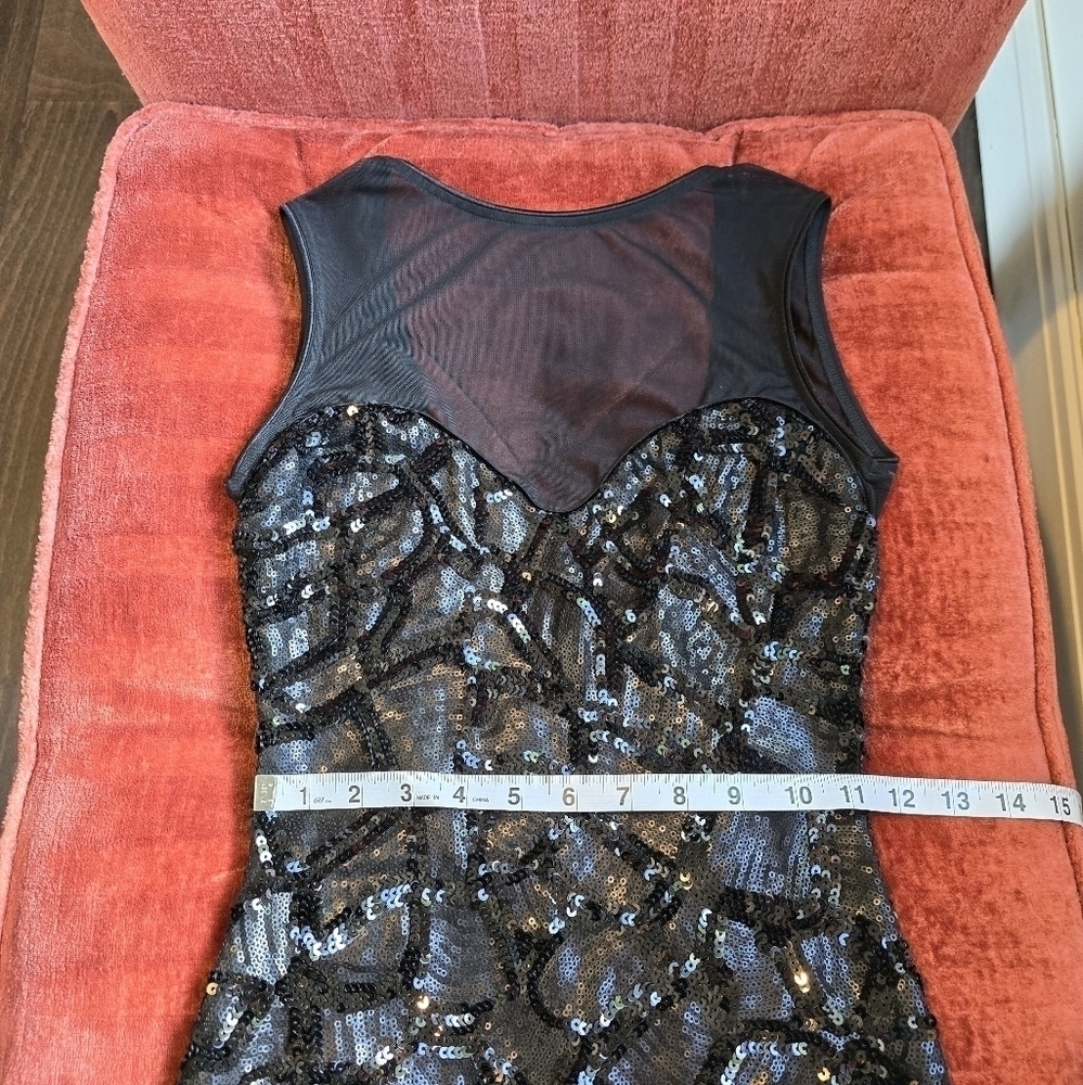 NWT Dress the Population Black Sequin Bodycon Mini Dress Mesh Neckline V Back XS - Picture 11 of 14